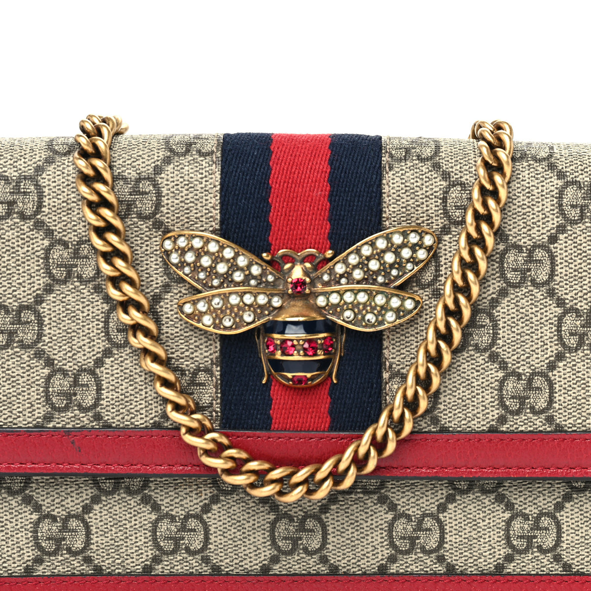 GG Supreme Monogram Web Queen Margaret Chain Wallet Red