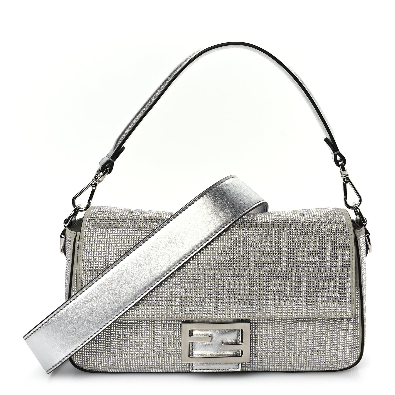 Fendi Crystal Vitello Laminato FF Medium Baguette Crystal Argento 1 of 8