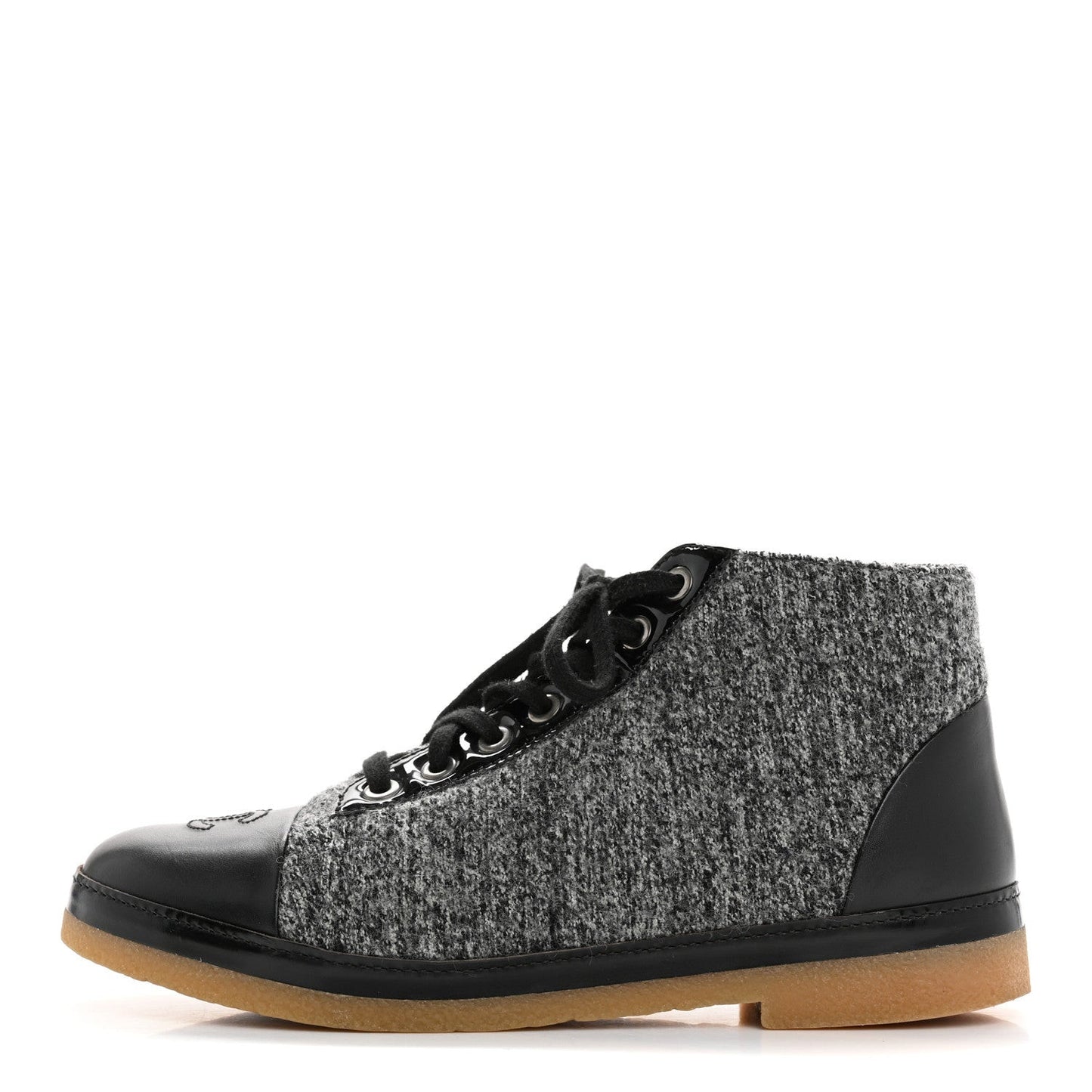 Wool Calfskin CC Lace Up Short Boots 37.5 Grey Black