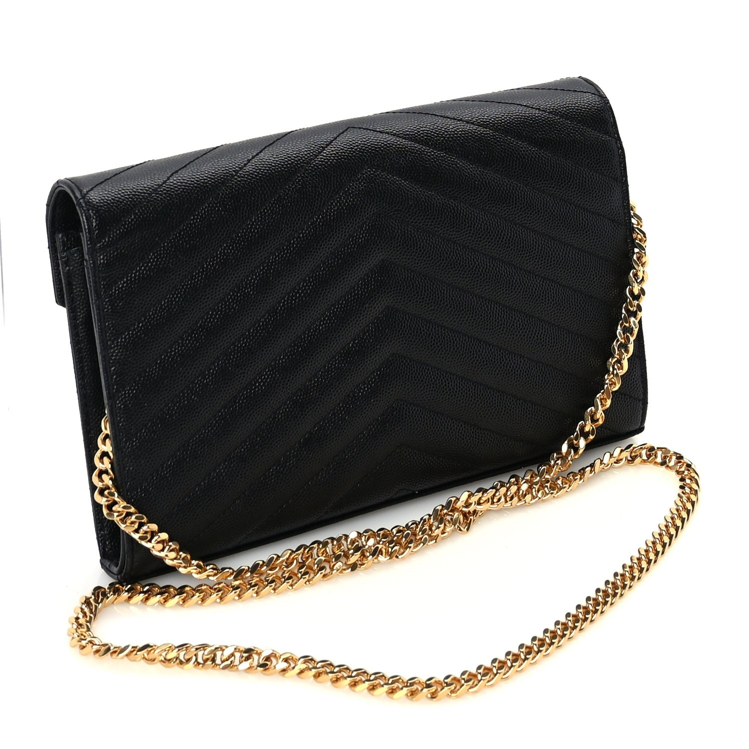Saint Laurent Grain De Poudre Matelasse Chevron Monogram Chain Wallet  Black 2 of 8