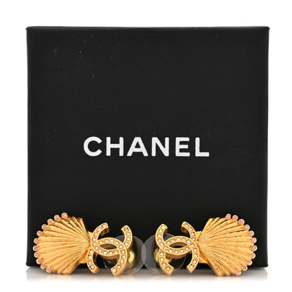 Chanel Crystal CC Shell Earrings Gold Pink 5 of 5