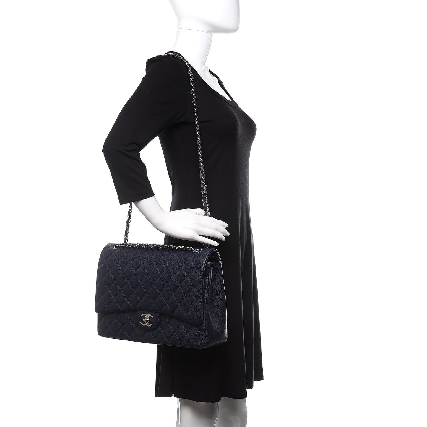 Caviar Quilted Maxi Double Flap Navy Blue