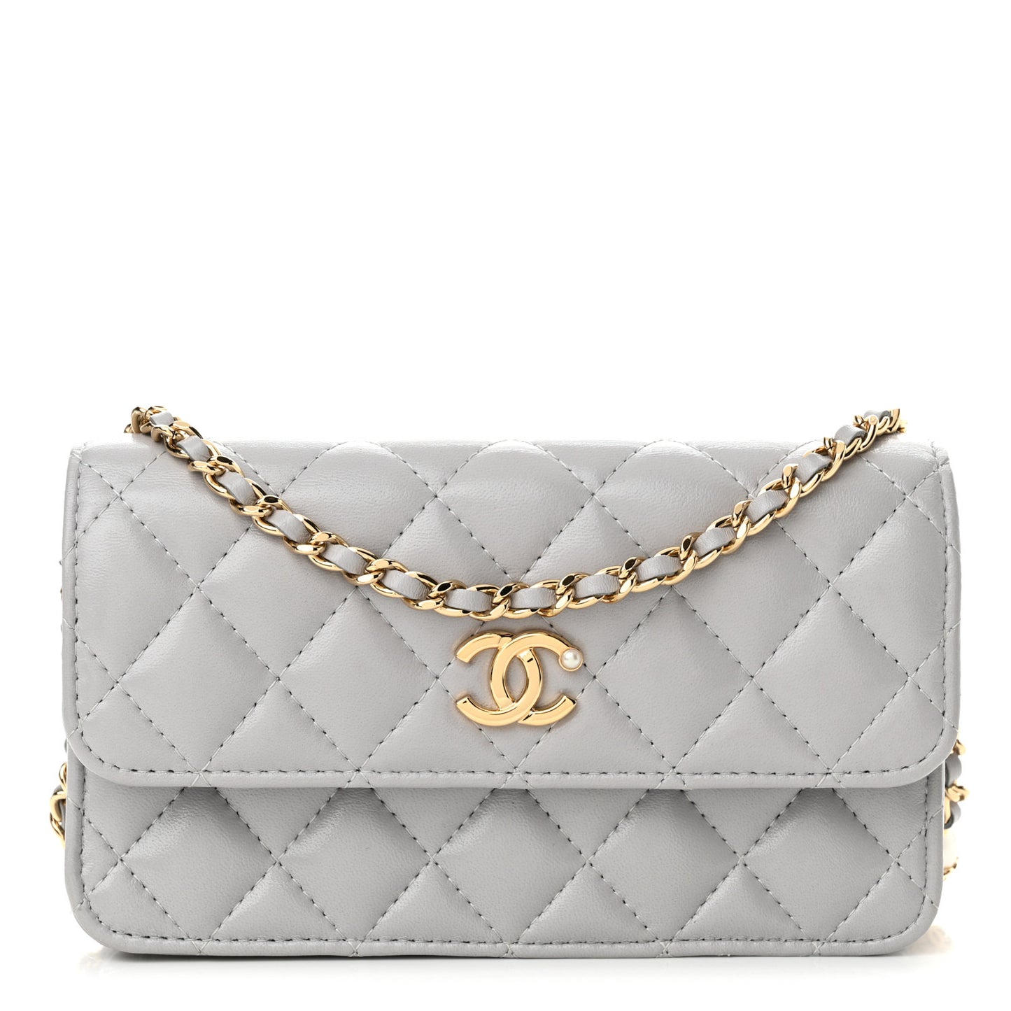 Lambskin Pearl Quilted Flap Phone Holder With Chain Grey