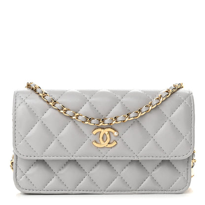Chanel Lambskin Pearl Quilted Flap Phone Holder With Chain Grey 1 of 13