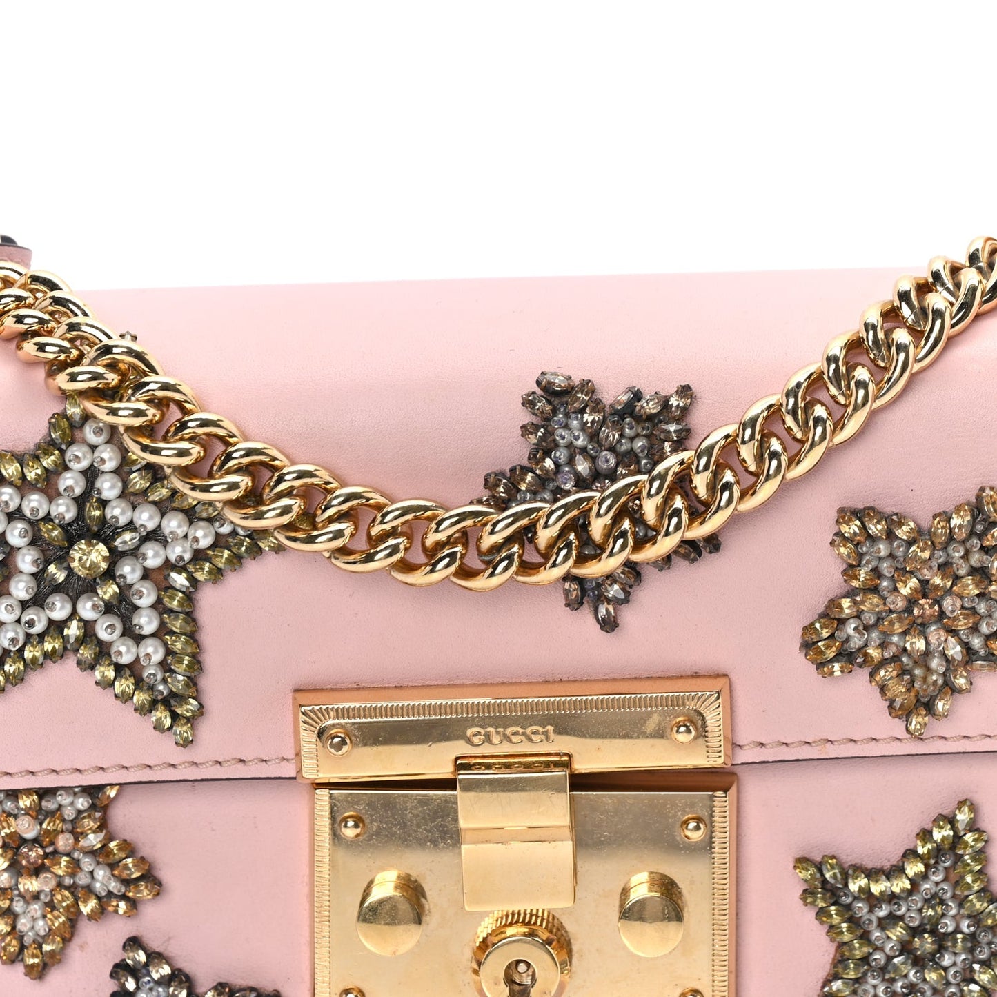 Calfskin Crystal Star Embroidered Small Padlock Shoulder Bag  Perfect Pink Multicolor
