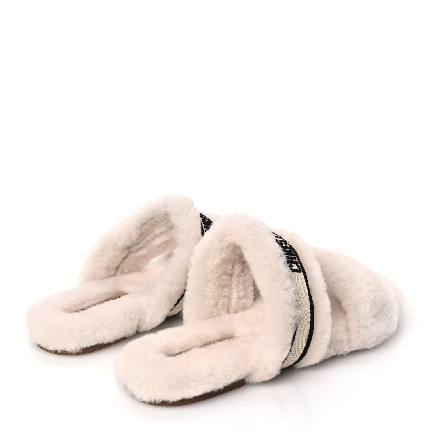 Christian Dior Shearling Canvas Embroidered Chez Moi Strap Slide Sandal 37 Off White Black 3 of 9