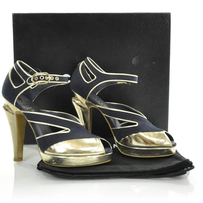 Chanel Linen CC Heels 36 Navy Gold 4 of 9