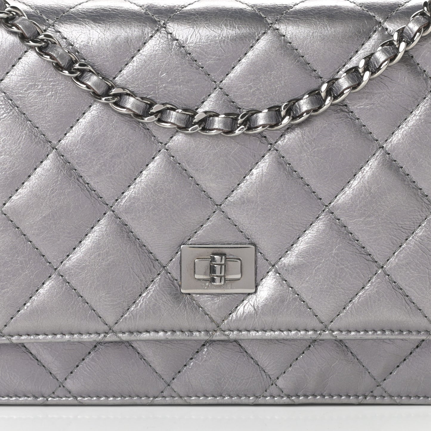 Metallic Aged Calfskin Quilted Reissue Wallet On Chain WOC Dark Silver