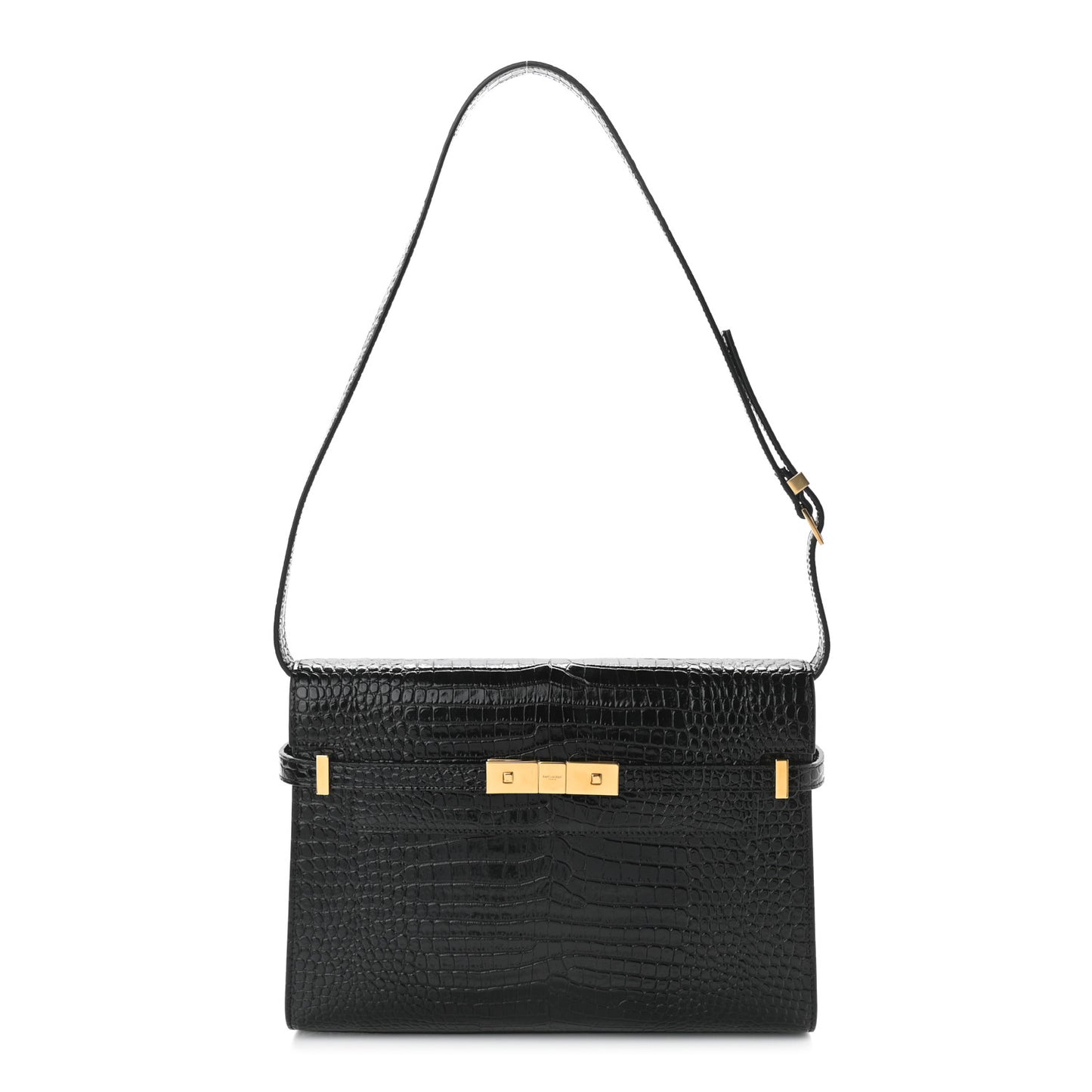 Shiny Calfskin Crocodile Embossed Manhattan Baguette Black