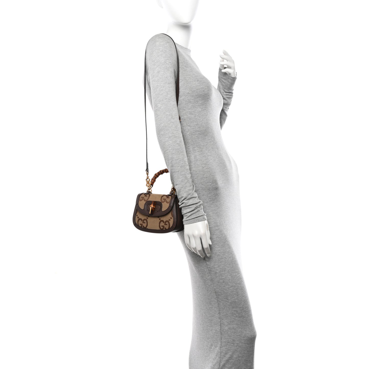 Monogram Jumbo GG Textured Dollar Calfskin Web Mini Bamboo 1947 Top Handle Bag Camel Ebony New Acero