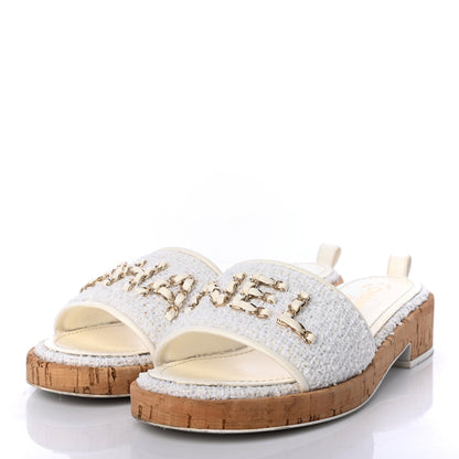 Chanel Tweed Cork CC Chain Mule Sandal 40.5 White 3 of 8