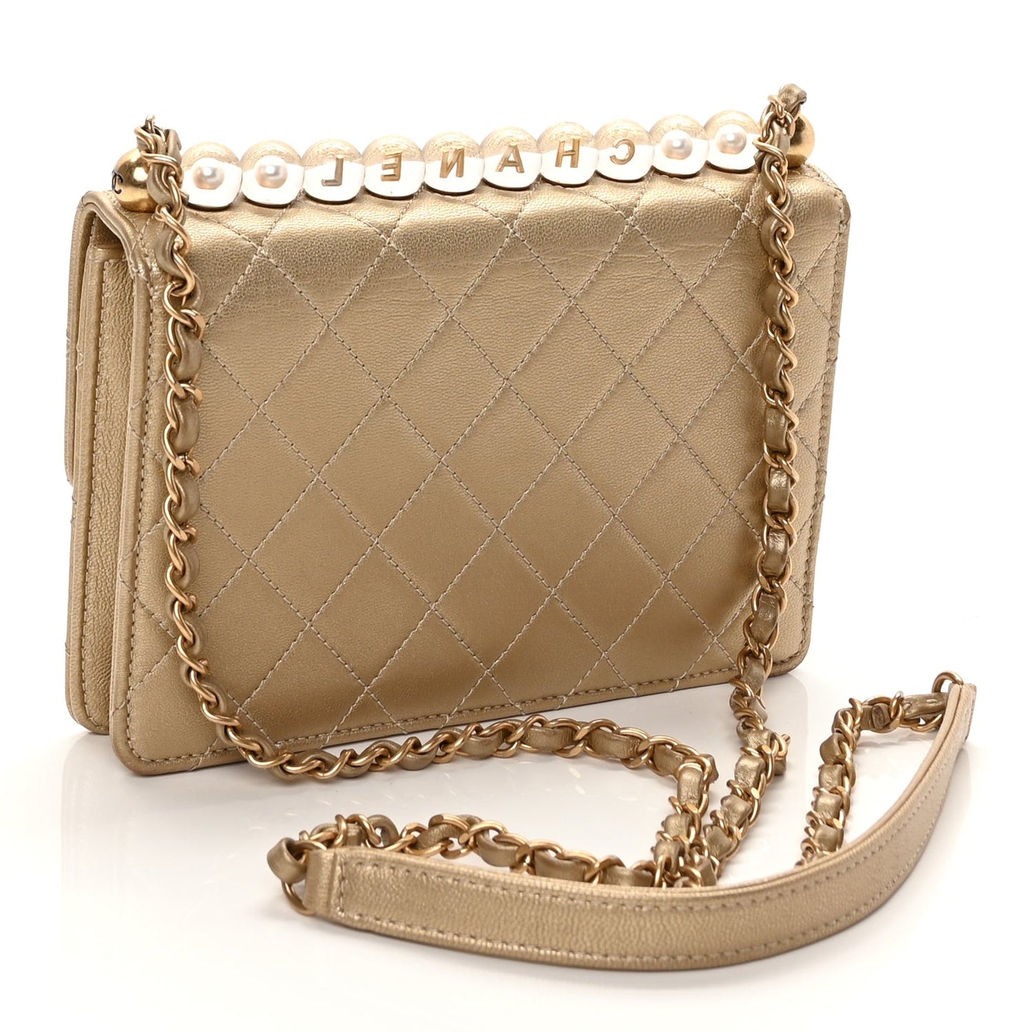 Metallic Lambskin Quilted Small Chic Pearls Flap Gold