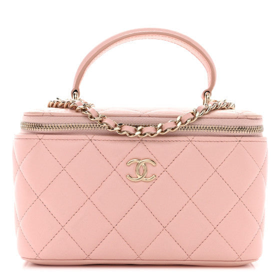 Lambskin Quilted Small Top Handle Vanity Case With Chain Pink