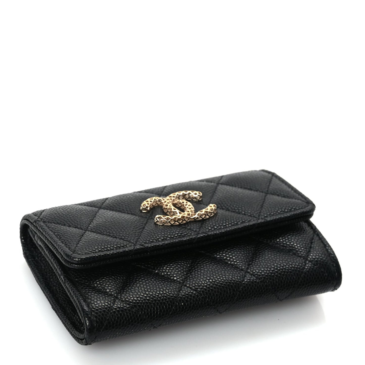 CHANEL Caviar Metal Perforated Quilted CC Flap Card Holder Black