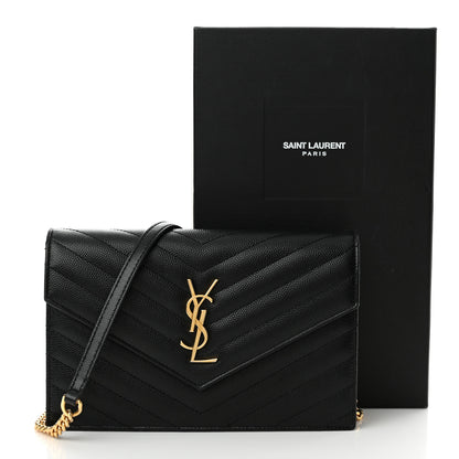 Saint Laurent Grain De Poudre Matelasse Chevron Monogram Envelope Chain Wallet Black 12 of 12