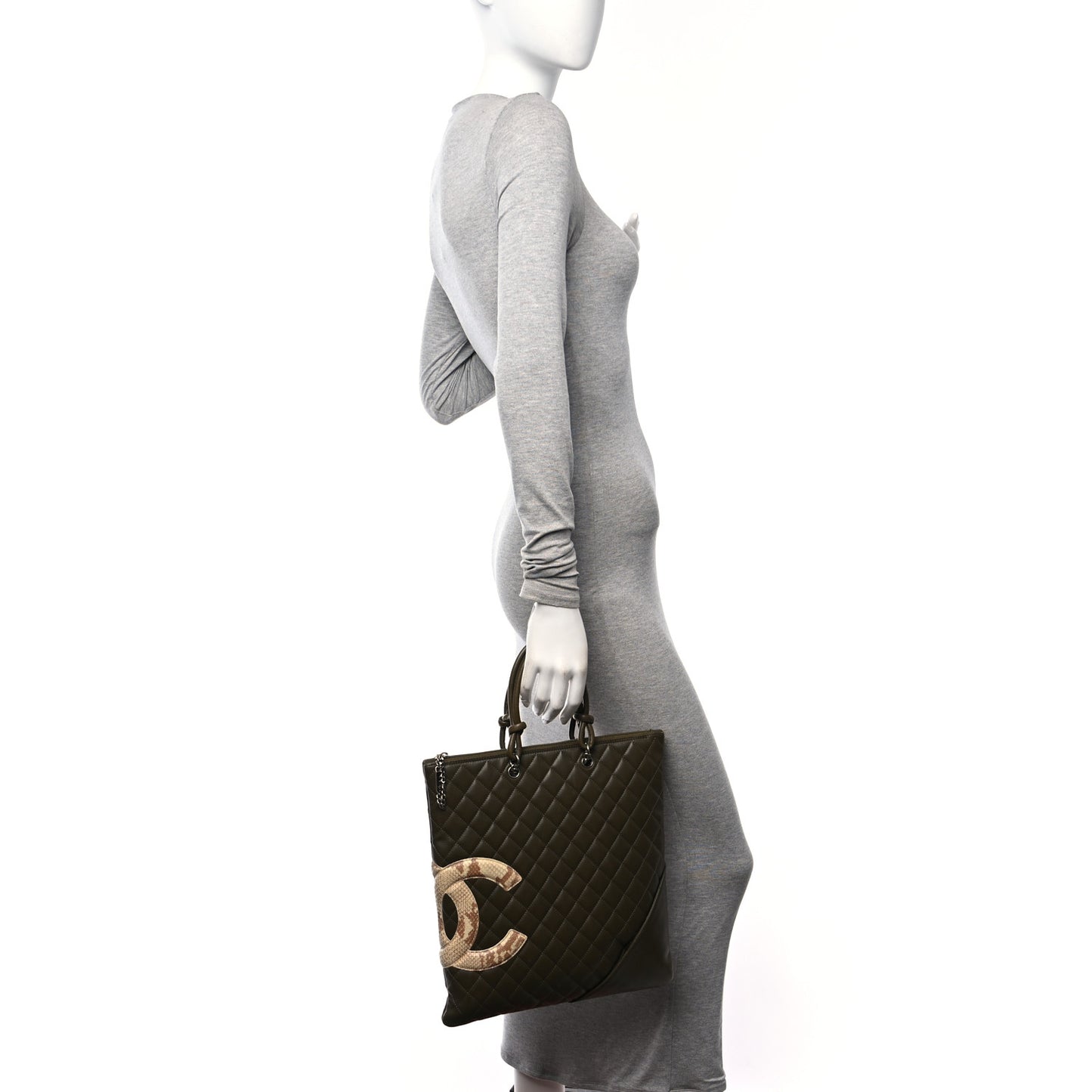 Calfskin Python Quilted Cambon Flat Tote Khaki