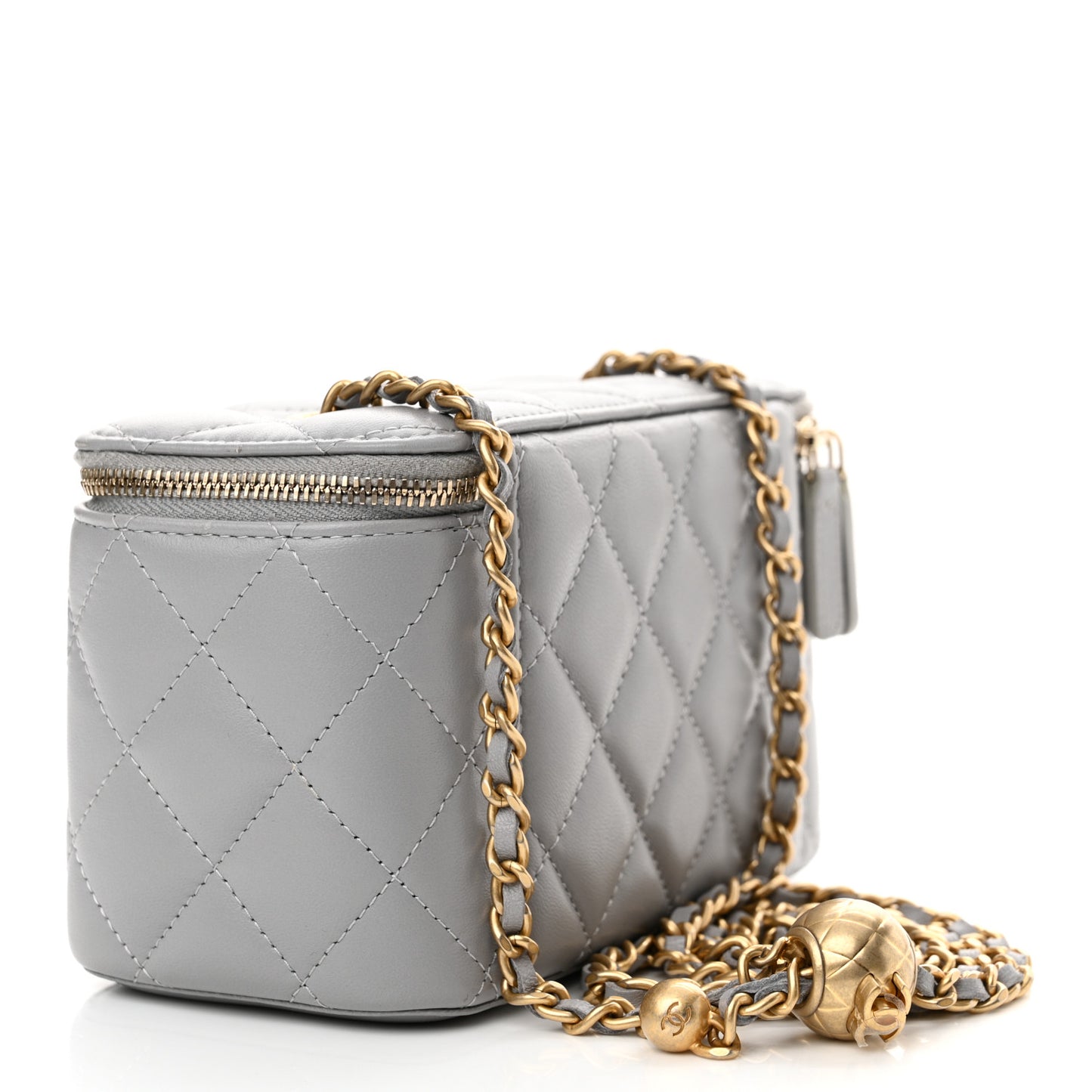 Lambskin Quilted Small Pearl Crush Vanity Case With Chain Grey