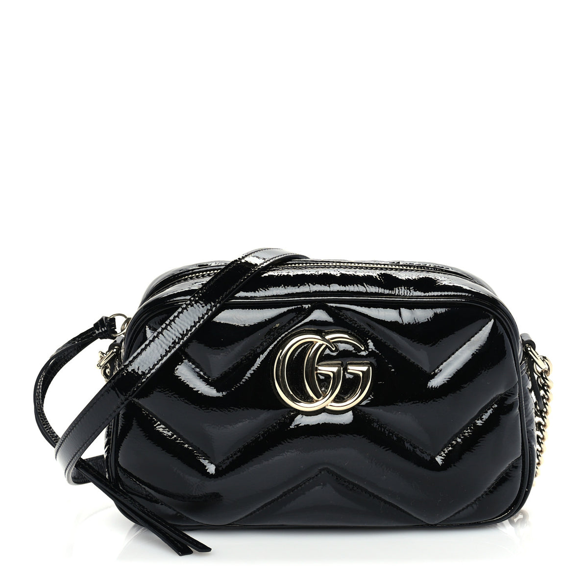 Gucci Patent Lambskin Matelasse Small GG Marmont Camera Bag Black 1 of 8