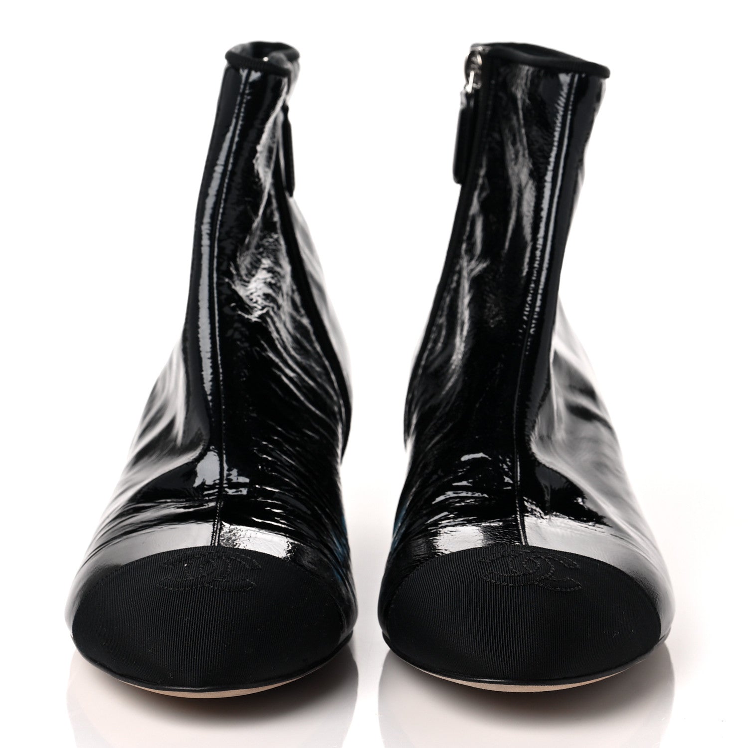 Chanel Patent Goatskin Grosgain Cap Toe Short Ankle Boots 40.5 Black 2 of 9