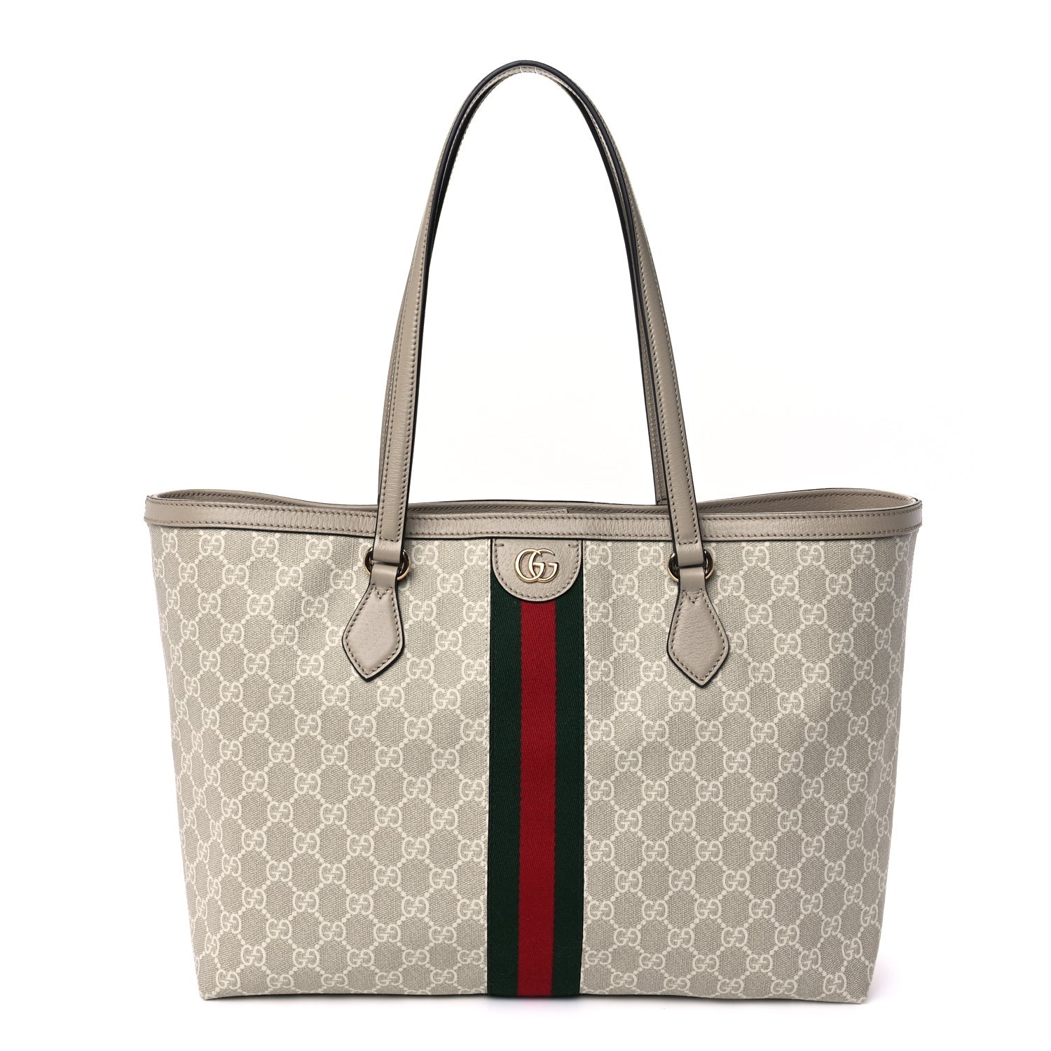 Gucci GG Supreme Monogram Textured Dollar Calfskin Web Large Ophidia Shopping Tote  Beige Mystic White Oatmeal 1 of 7