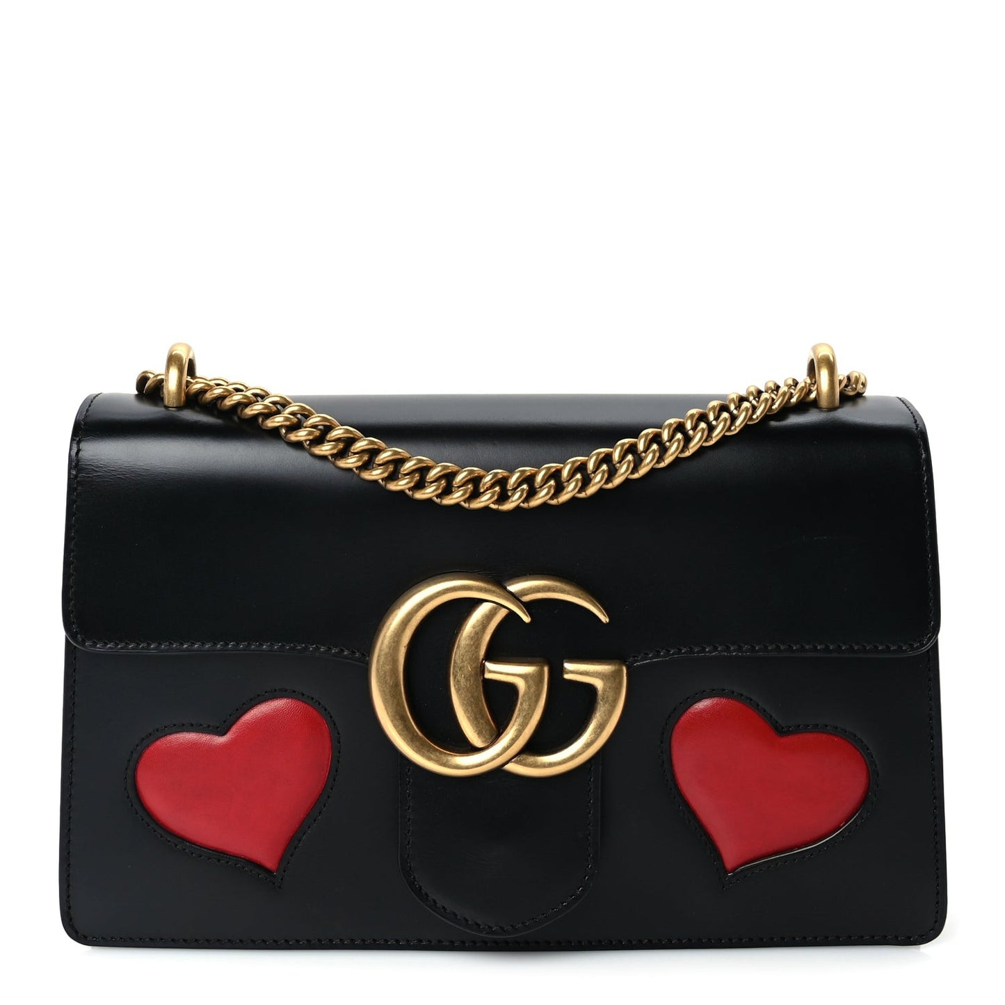 Knight Calfskin Malaga Kid Heart Medium GG Marmont Chain Handle Bag Black Hibiscus Red Multicolor