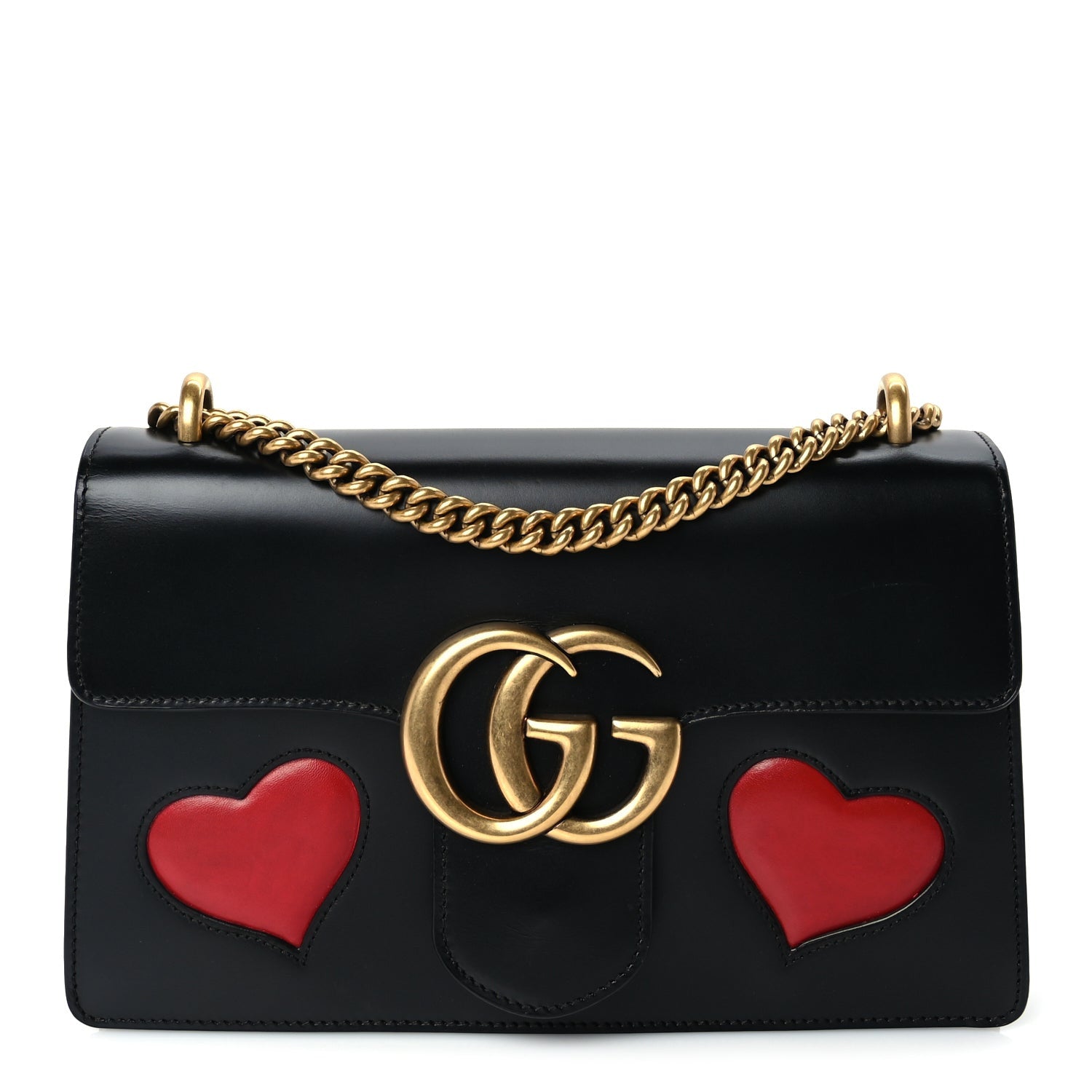 Gucci Knight Calfskin Malaga Kid Heart Medium GG Marmont Chain Handle Bag Black Hibiscus Red Multicolor 1 of 9