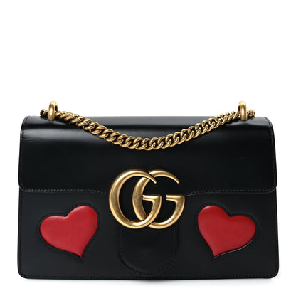 Gucci Knight Calfskin Malaga Kid Heart Medium GG Marmont Chain Handle Bag Black Hibiscus Red Multicolor 1 of 9