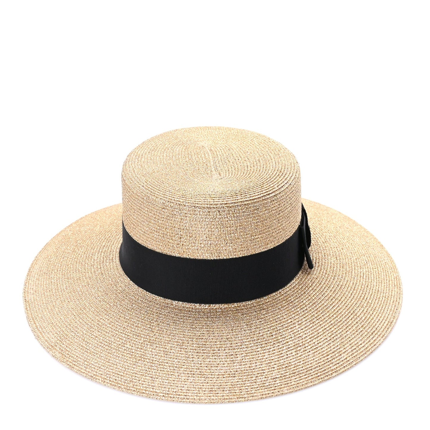 Glittered Straw Grosgrain Wide Brim Hat M  Gold Black
