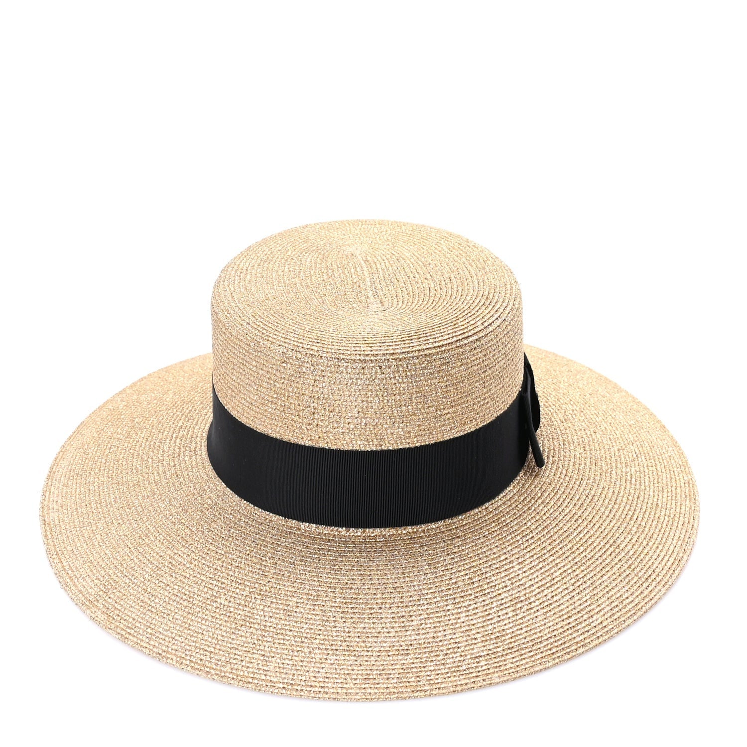 Gucci Glittered Straw Grosgrain Wide Brim Hat M  Gold Black 4 of 7