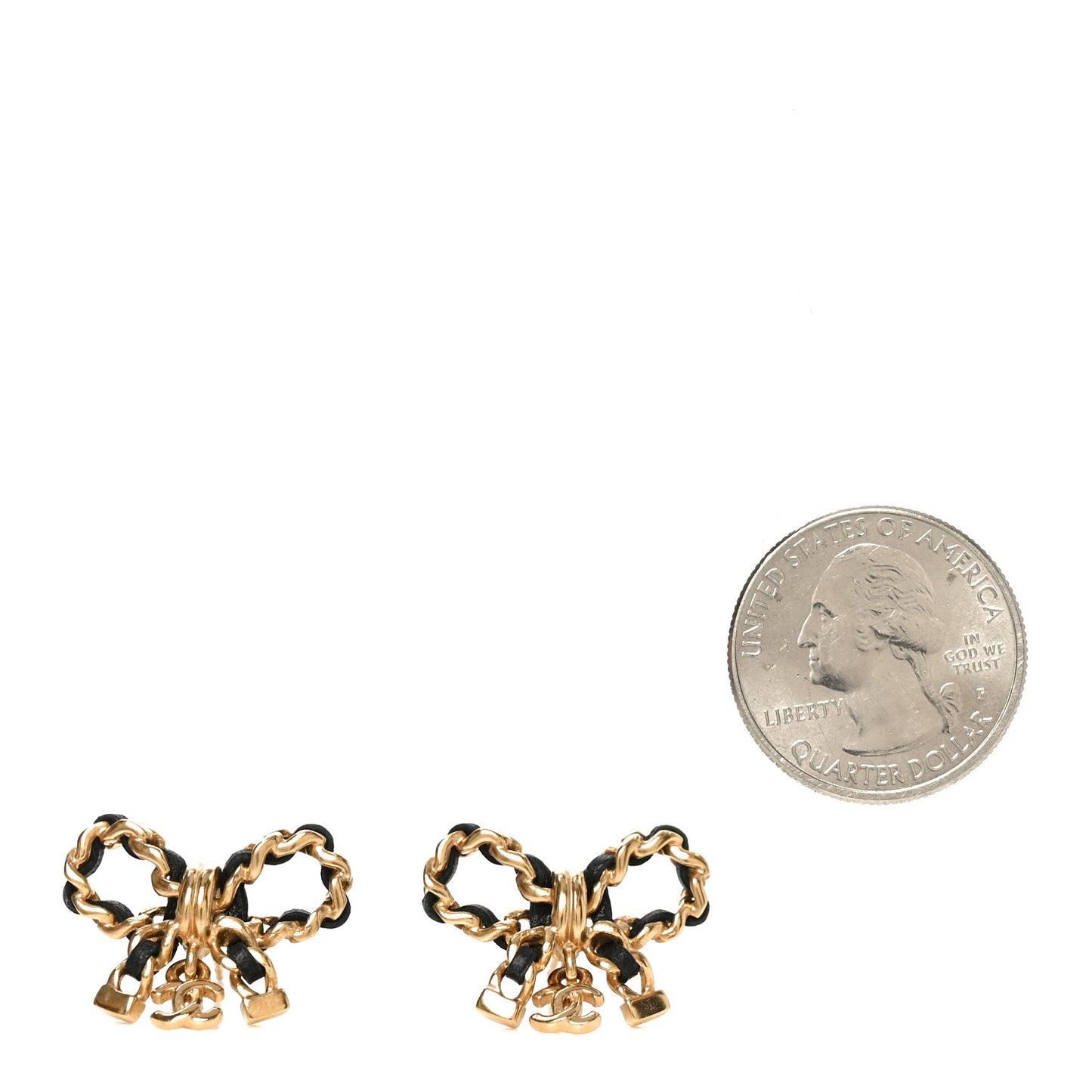 Lambskin Chain Bow Stud Earrings Black Gold