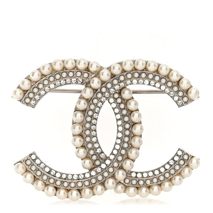 Chanel Pearl Crystal CC Brooch Silver 1 of 3