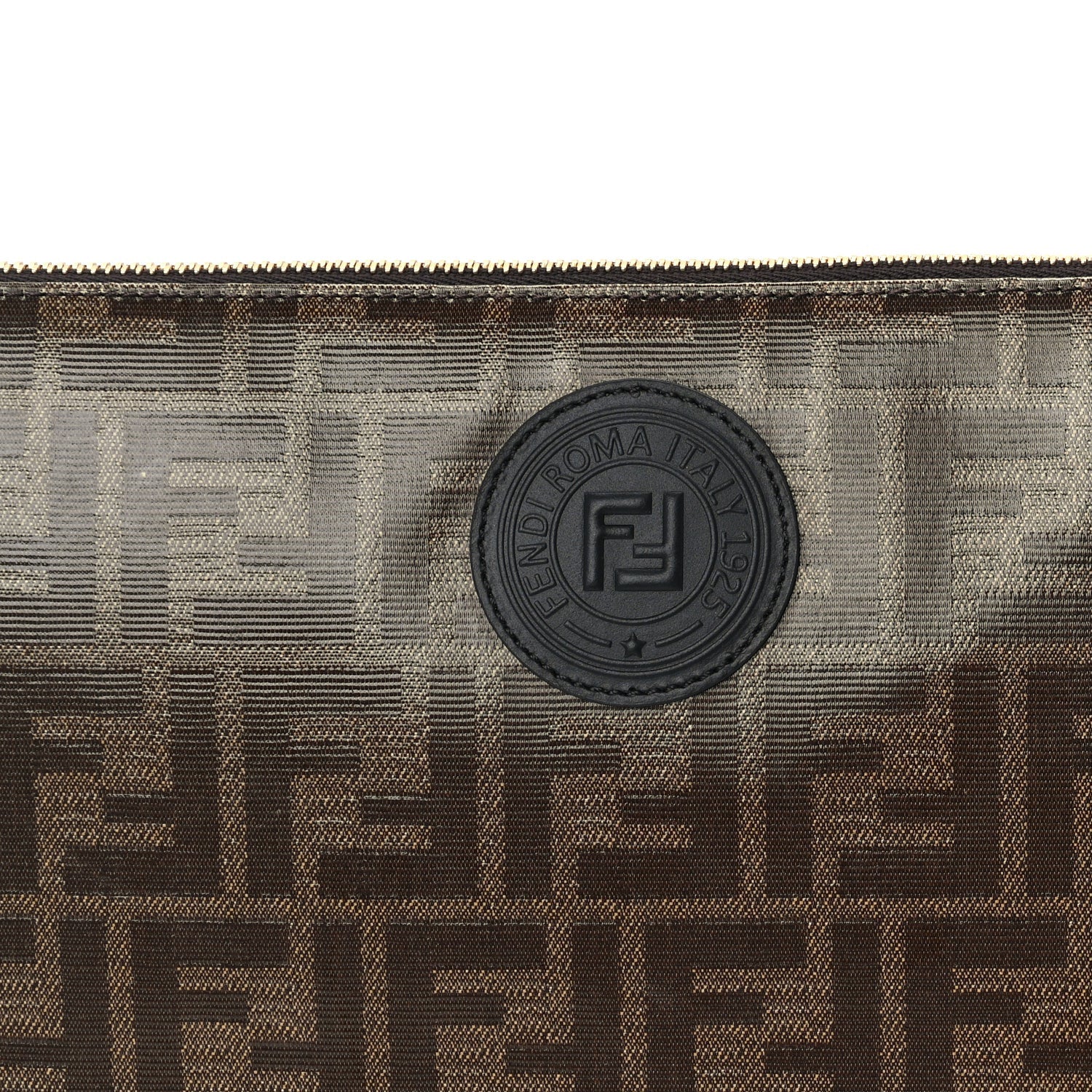 Fendi Glazed Fabric Vitello Century FF 1974 Stamp Patch Large Flat Pouch  Mogano Panna Black 2 of 6