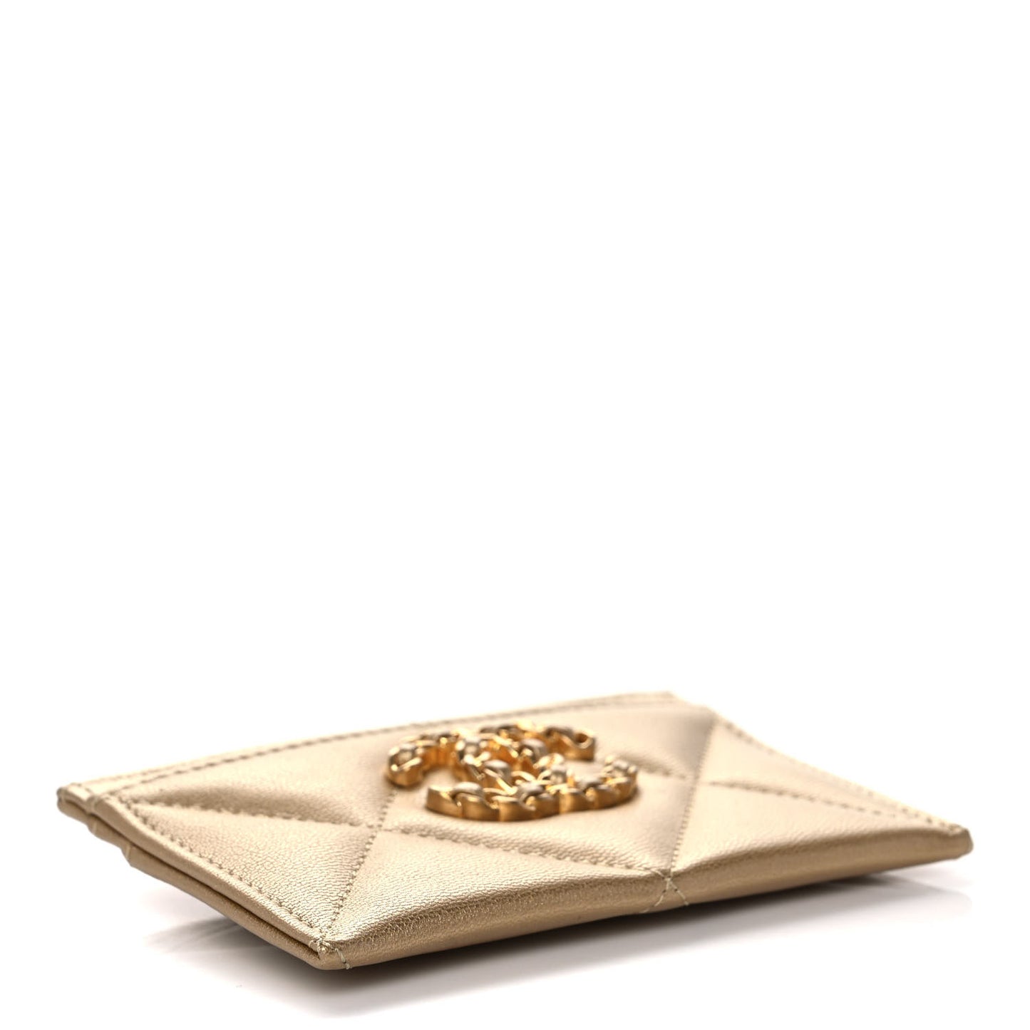 Metallic Lambskin Quilted Chanel 19 Card Holder Gold