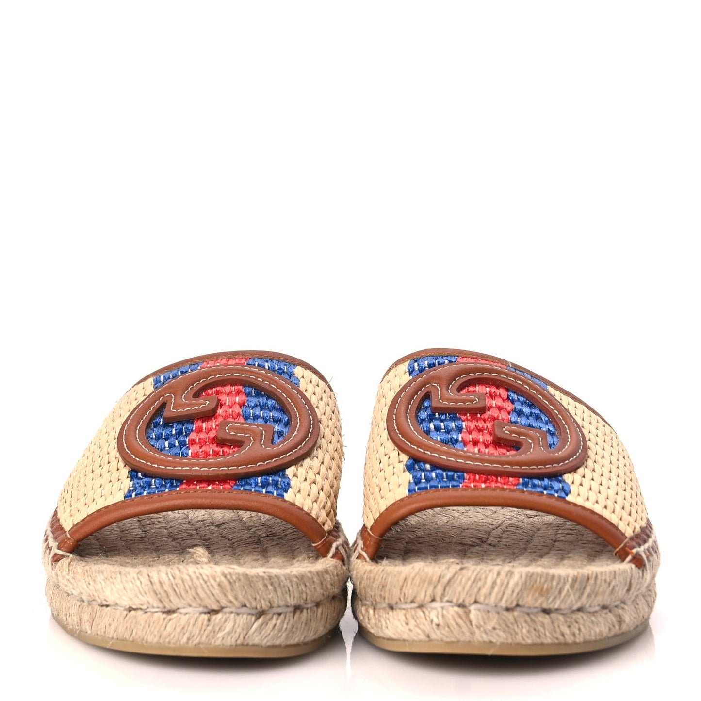 Raffia Interlocking G Flat Slide Espadrille Sandals 38.5 Harness Brown