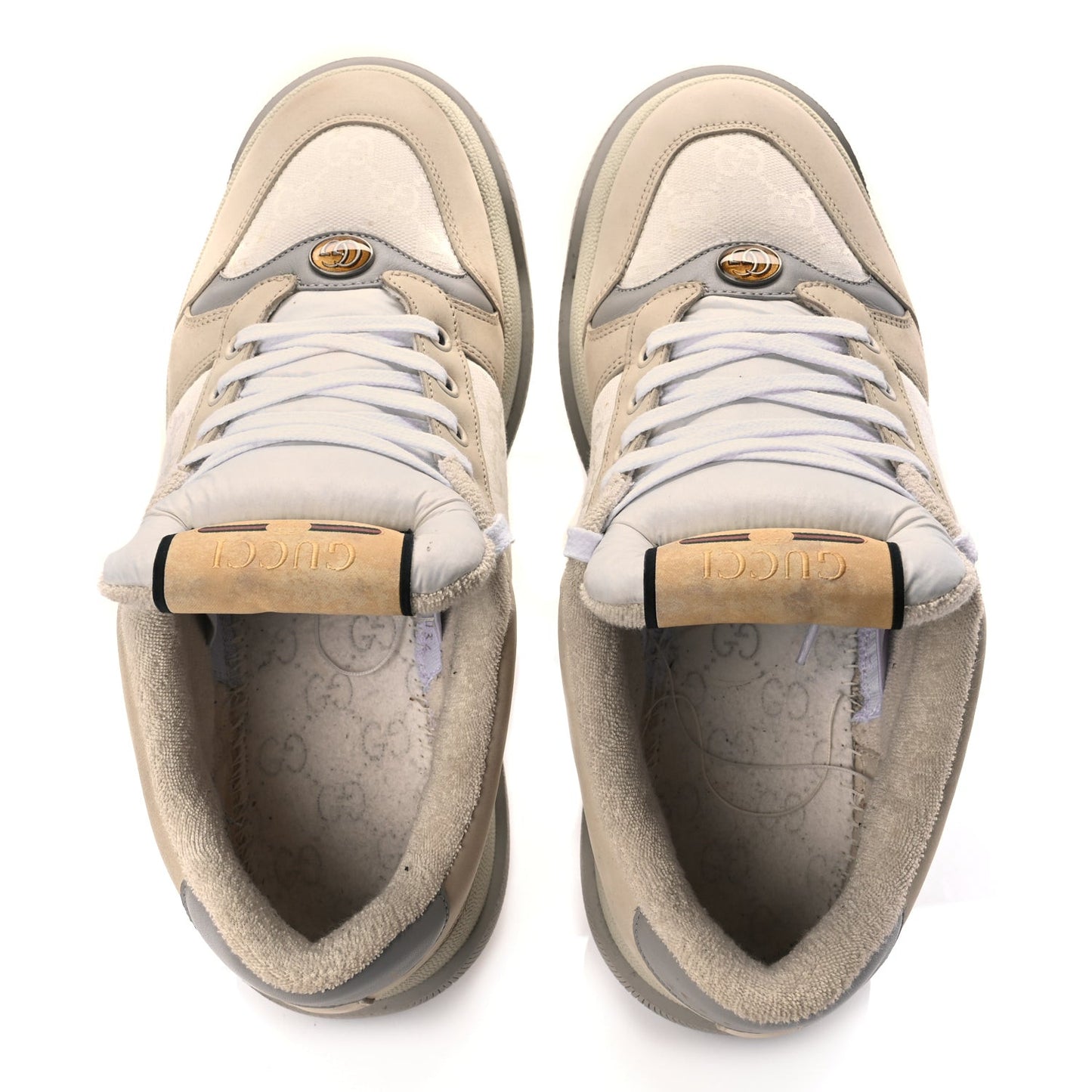 GUCCI Lame Canvas Nubuck GG Monogram Mens Screener 50mm Sneakers 8 Grey White