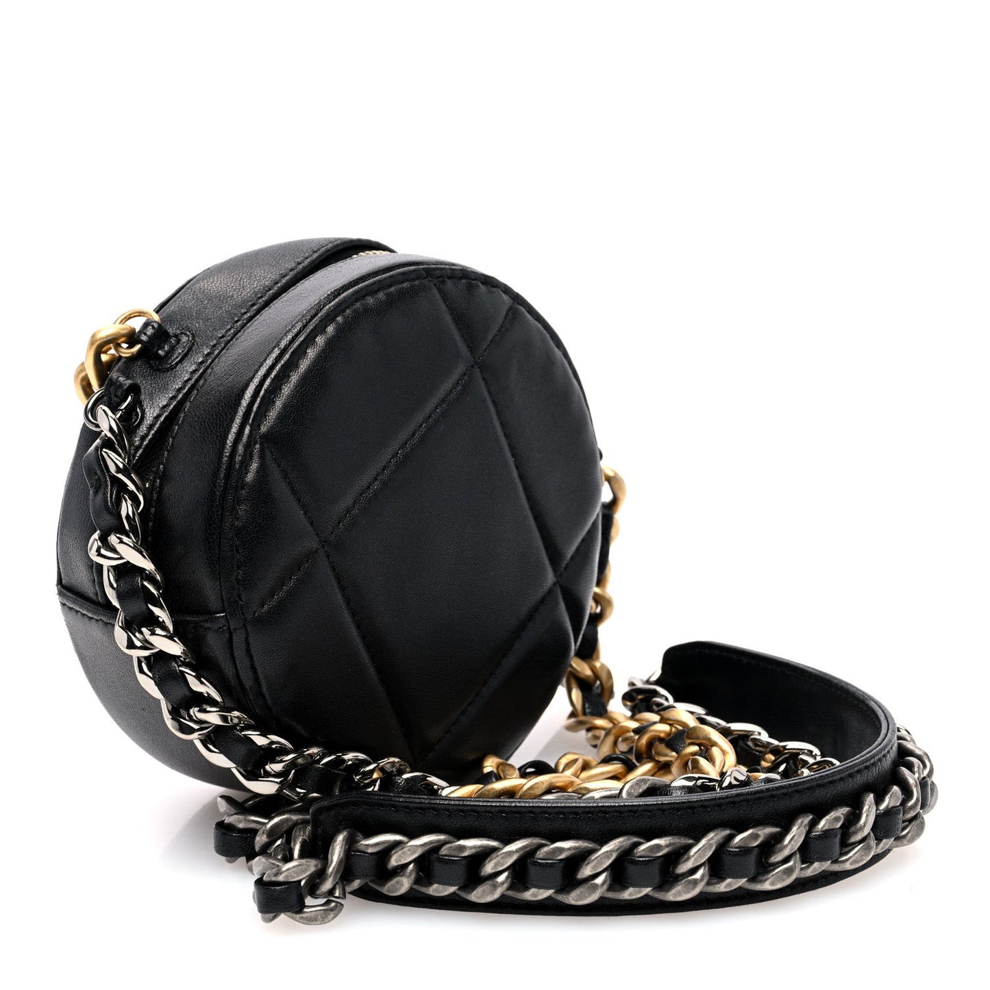 Lambskin Quilted 19 Round Clutch With Chain Black