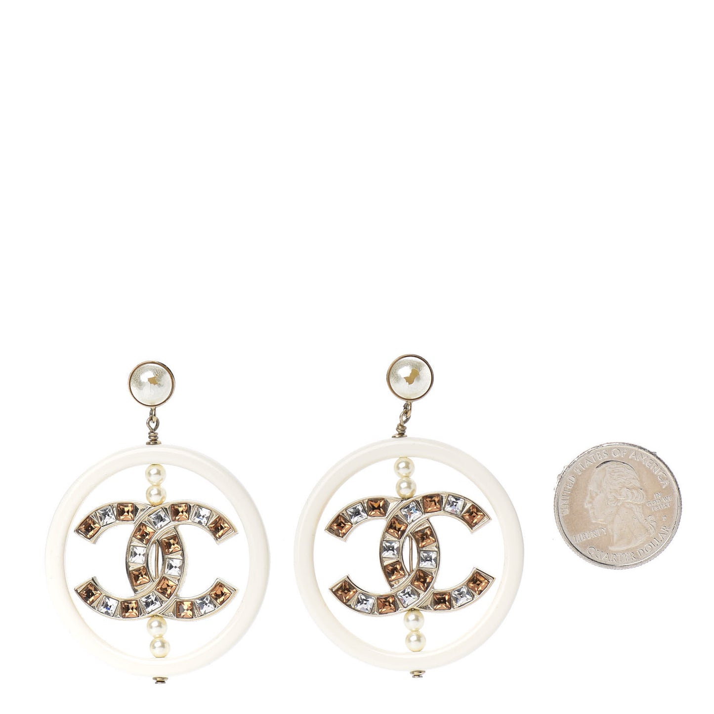 Resin Crystal Baguette Pearl CC Drop Hoop Earrings Gold White