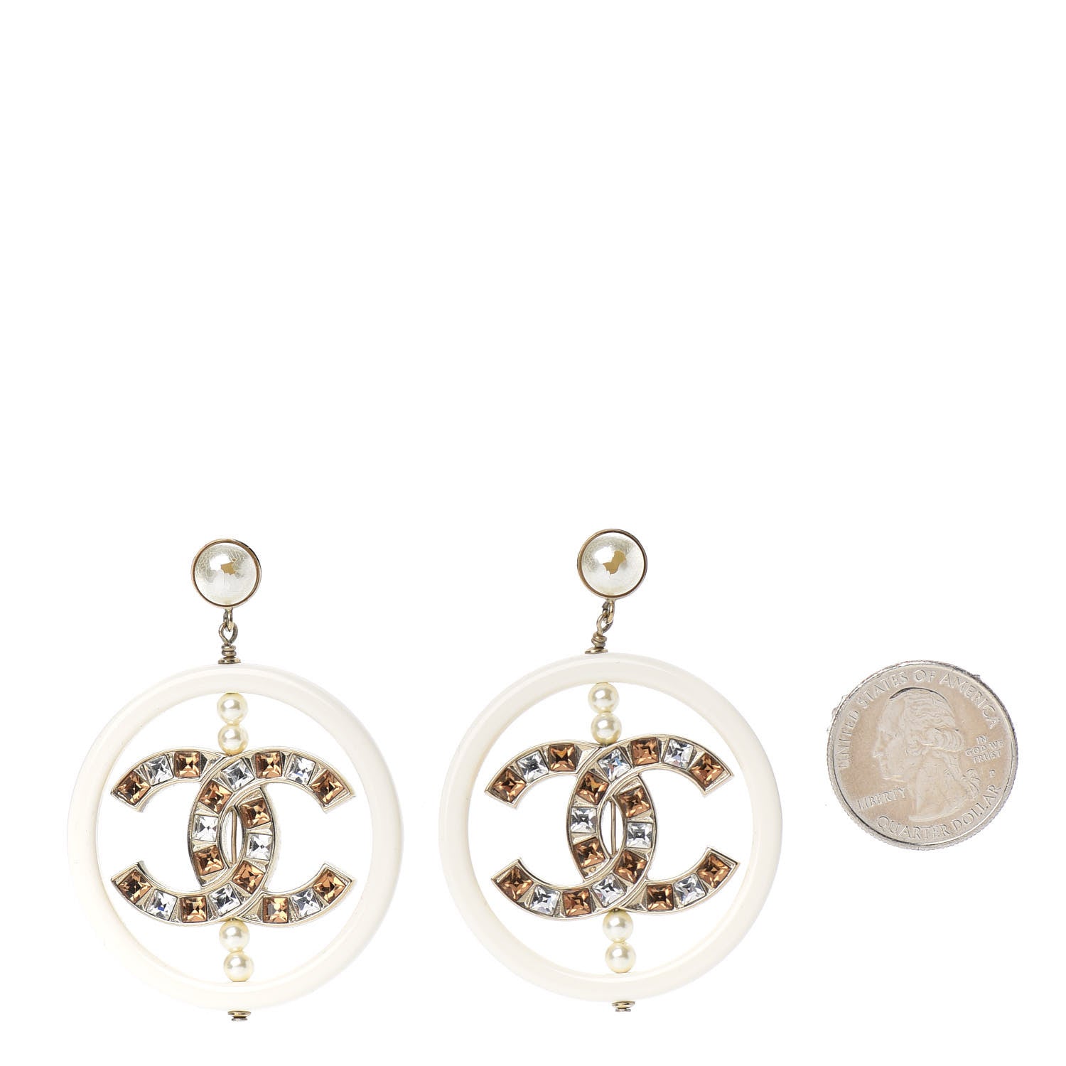 Chanel Resin Crystal Baguette Pearl CC Drop Hoop Earrings Gold White 2 of 6