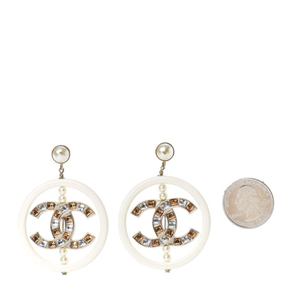 Chanel Resin Crystal Baguette Pearl CC Drop Hoop Earrings Gold White 2 of 6