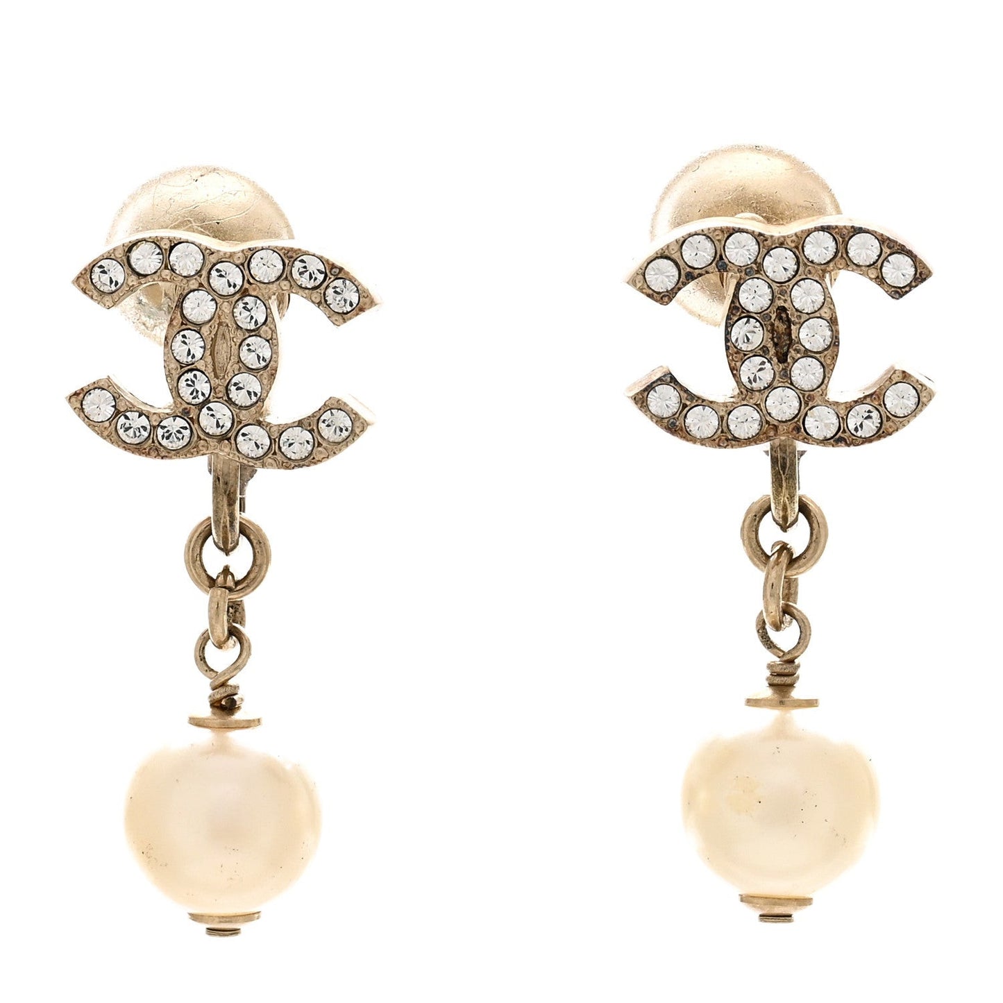 Pearl Crystal CC Drop Clip On Earrings Gold White