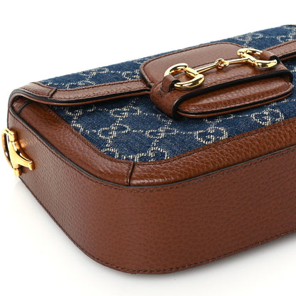 Gucci New Denim GG Monogram Dollar Calfskin Web Mini Horsebit 1955 Shoulder Bag Blue Tea Cuir Epilog 7 of 8