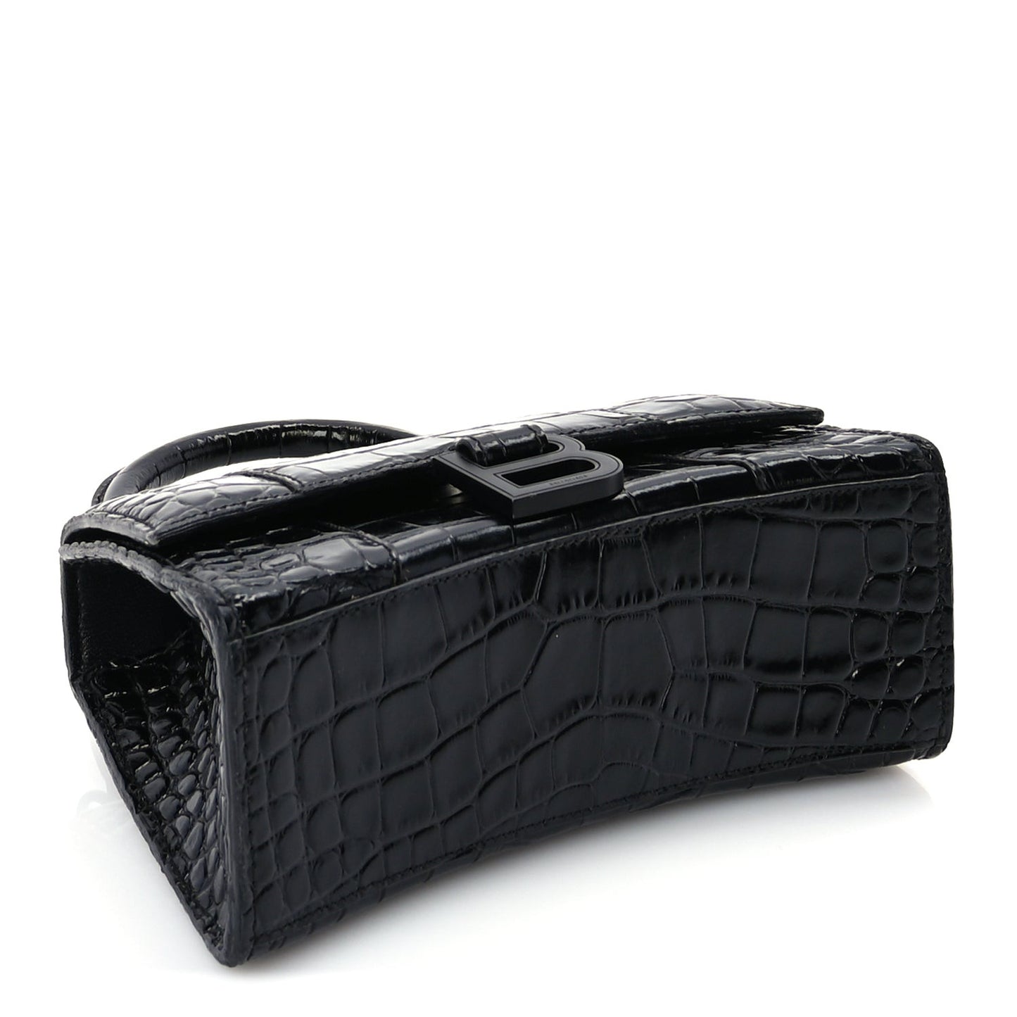 Shiny Calfskin Monochrome Crocodile Embossed Hourglass Top Handle Bag XS Black