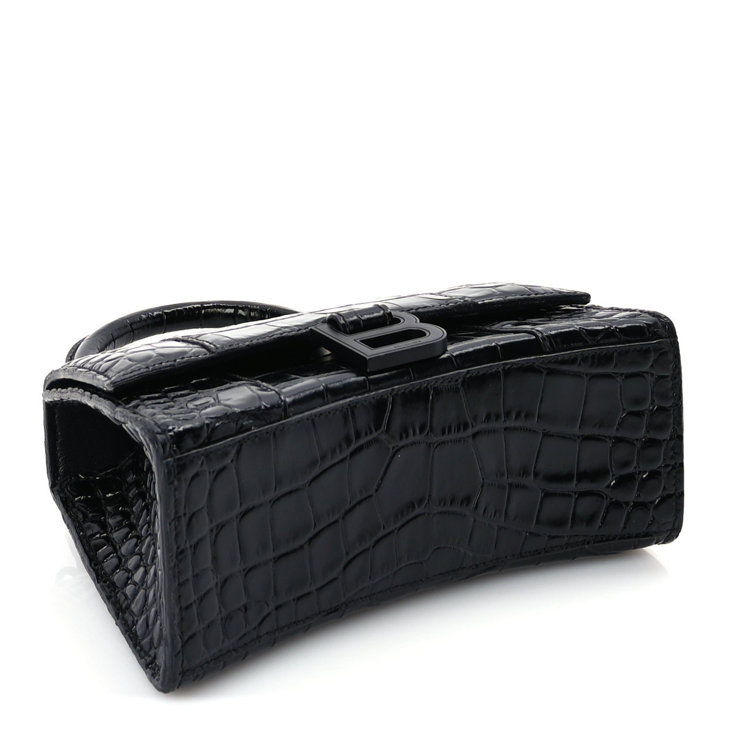 Balenciaga Shiny Calfskin Monochrome Crocodile Embossed Hourglass Top Handle Bag XS Black 3 of 8