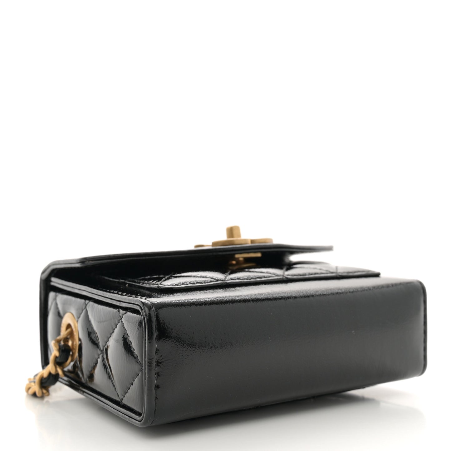 Shiny Lambskin Quilted Top Handle Card Holder On Chain Black