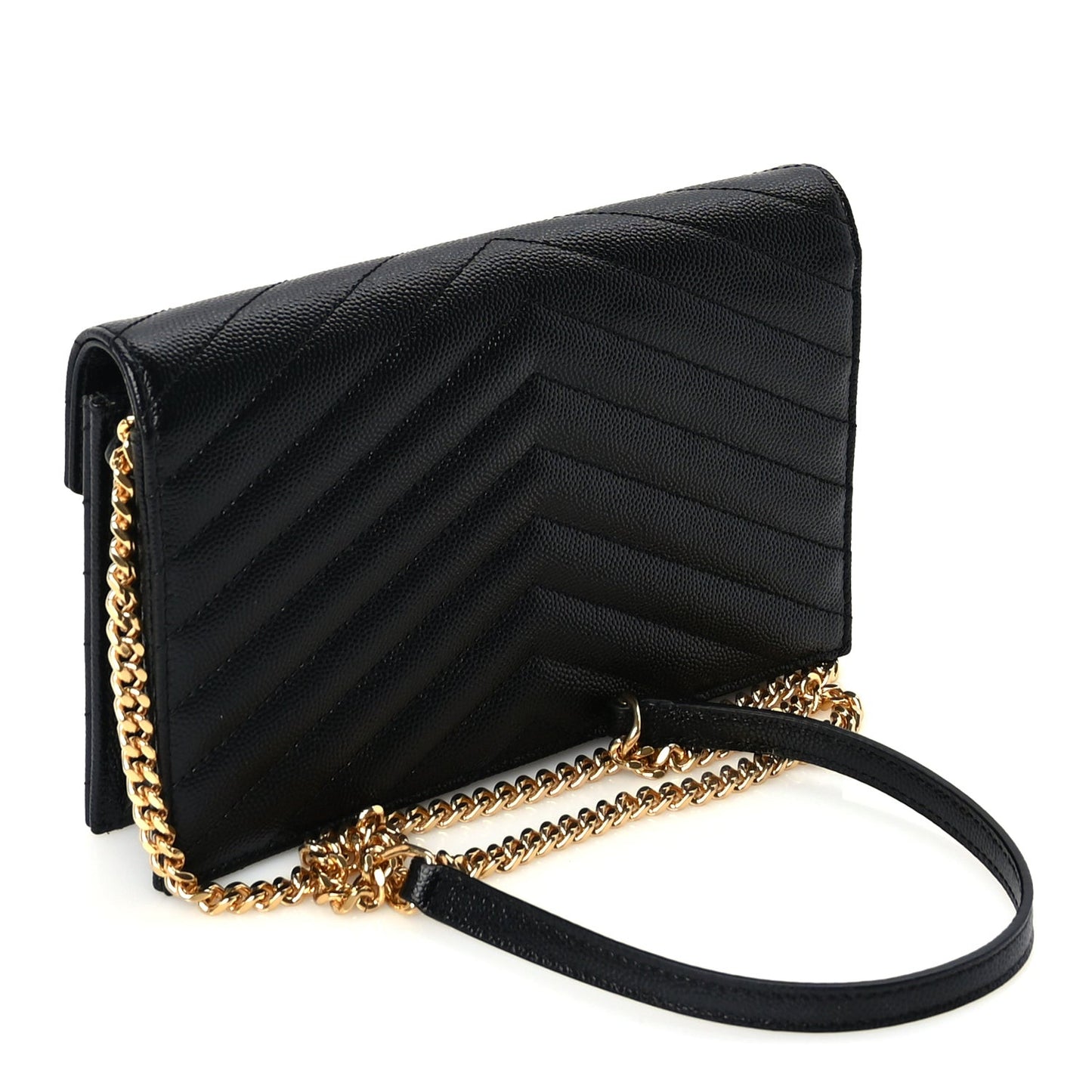 Grain De Poudre Matelasse Chevron Monogram Envelope Chain Wallet Black