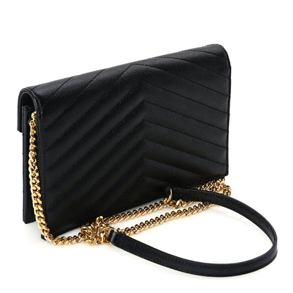 Saint Laurent Grain De Poudre Matelasse Chevron Monogram Envelope Chain Wallet Black 2 of 8