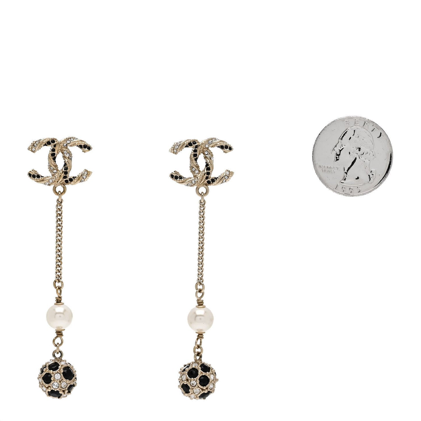 Crystal Pearl CC Ball Chain Drop Earrings Gold Black