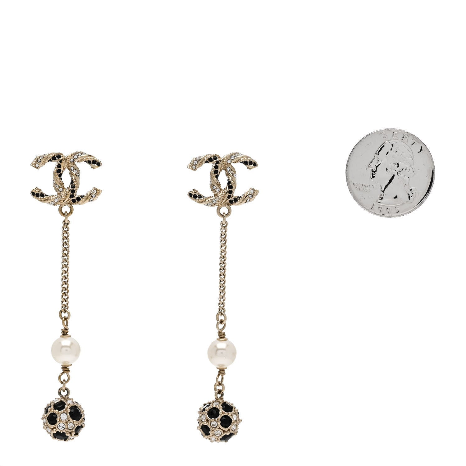 Chanel Crystal Pearl CC Ball Chain Drop Earrings Gold Black 2 of 4