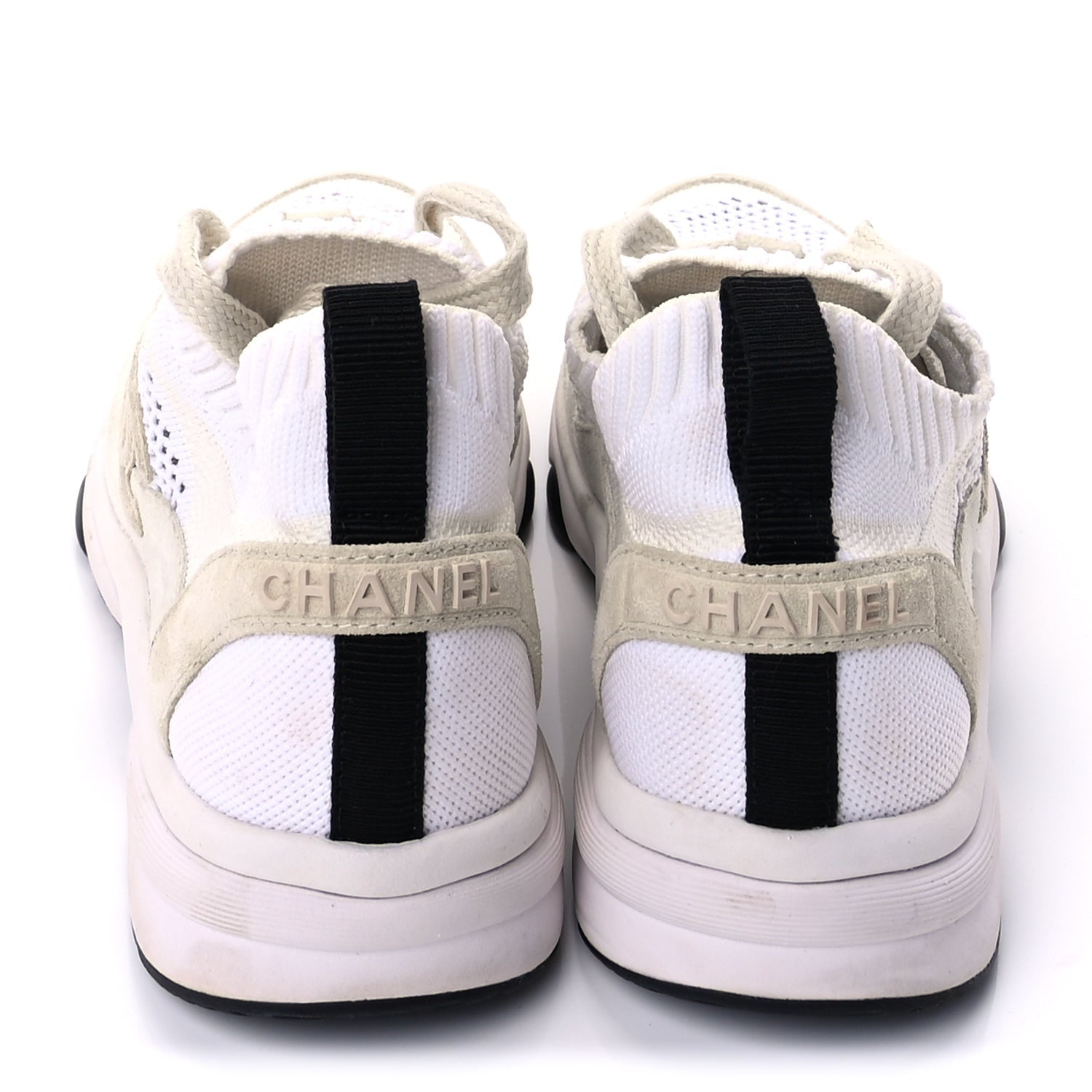 Chanel Knit Fabric Suede Calfskin Womens CC Sneakers 36.5 Ivory Light Beige 5 of 10