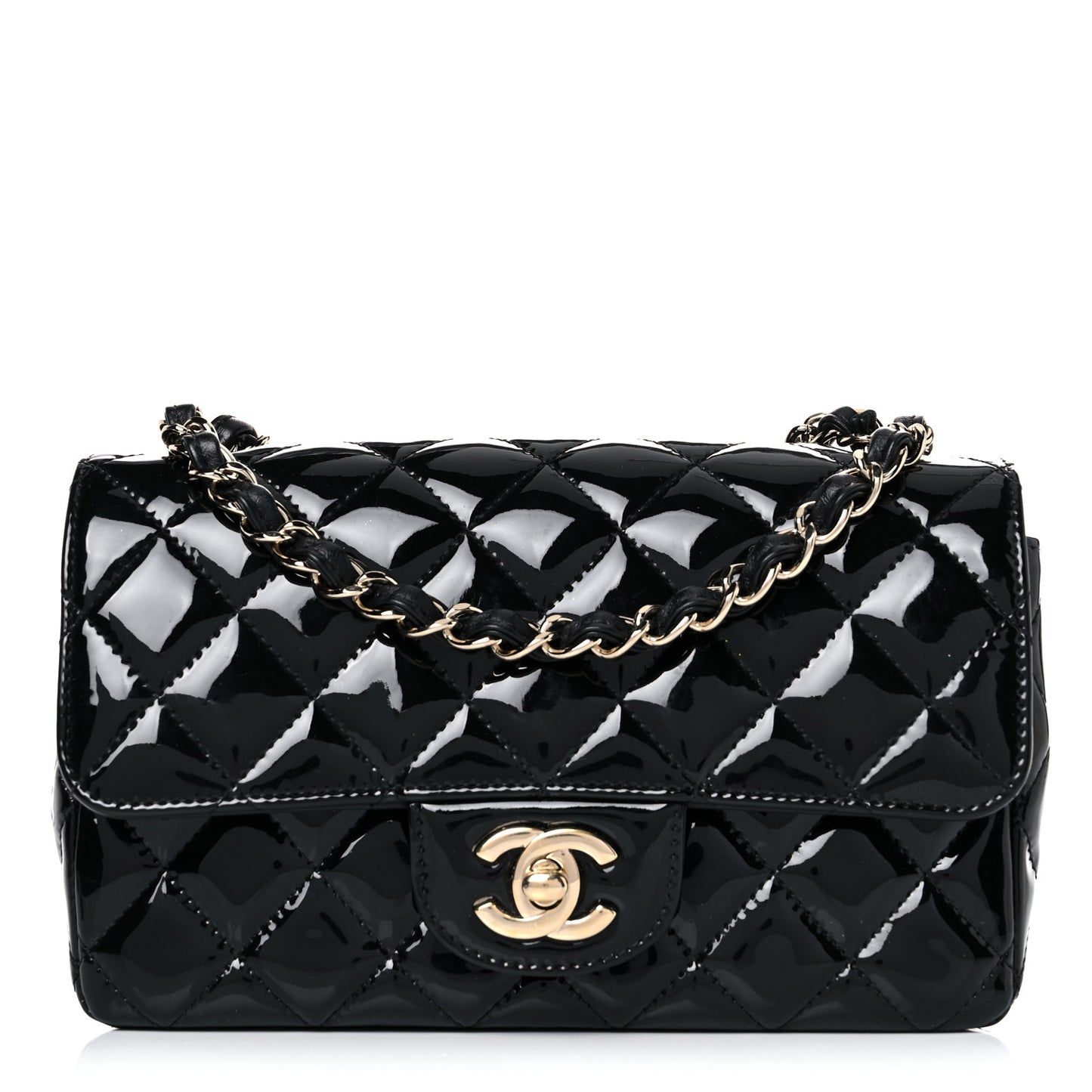 Patent Calfskin Quilted Mini Rectangular Flap Black